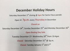 DECEMBER HOLIDAY HOURS