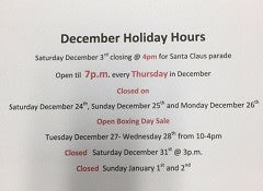 DECEMBER HOLIDAY HOURS